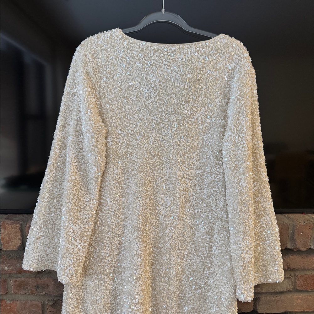 H&M Long Sleeve White Sequin Dress with Open Back Bow Tie